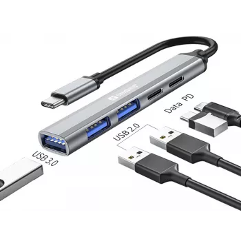 Sandberg USB-C naar 3xUSB-A+2xUSB-C SAVER USB 3.2 Gen 1 grijs aluminium