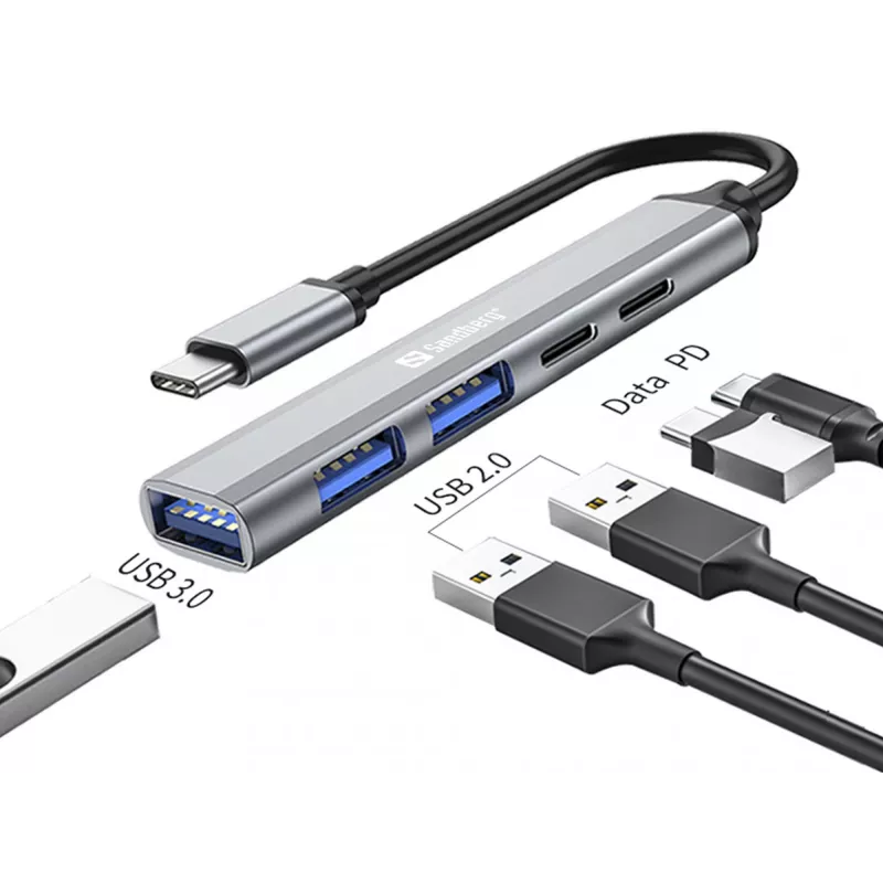 Sandberg USB-C naar 3xUSB-A+2xUSB-C SAVER USB 3.2 Gen 1 grijs aluminium