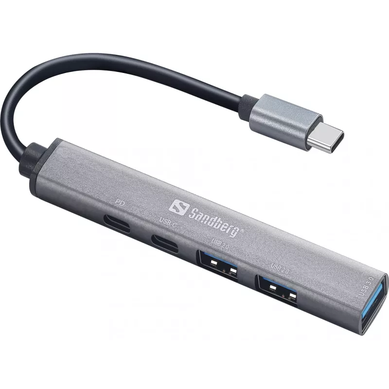 Sandberg USB-C naar 3xUSB-A+2xUSB-C SAVER USB 3.2 Gen 1 grijs aluminium