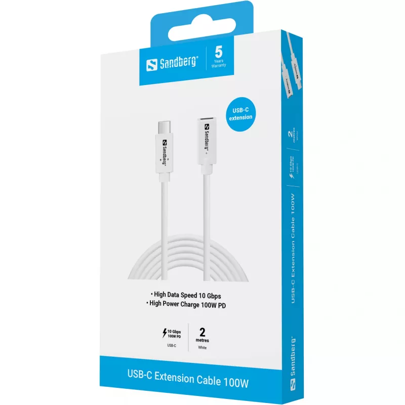 Sandberg 136-55 USB-C-verlengkabel, male-female, 100 W, 10 Gbps, 2 m, wit