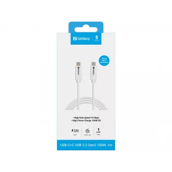 Sandberg USB-CC USB 3.2 Gen2 100W, 1M, 1 m, USB-C, USB-C, USB 3.2 Gen 2 (3.1 Gen 2), 10 Gbit/s, wit