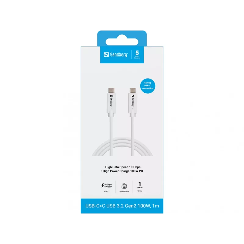 Sandberg USB-CC USB 3.2 Gen2 100W, 1M, 1 m, USB-C, USB-C, USB 3.2 Gen 2 (3.1 Gen 2), 10 Gbit/s, wit