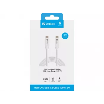 Sandberg USB-C>C USB 3.1 G2 100W 2M kabel wit