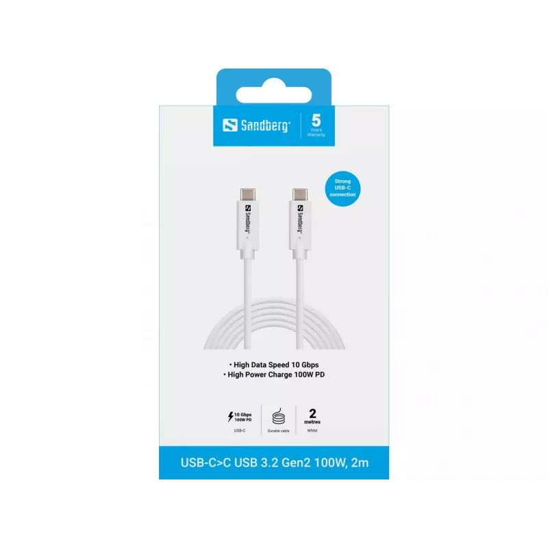 Sandberg USB-C>C USB 3.1 G2 100W 2M kabel wit