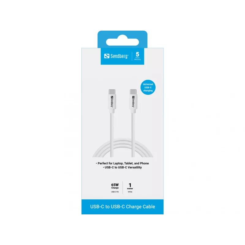 Sandberg USB-C-oplaadkabel 1M, 65W, 1 m, USB-C, USB-C, USB 3.2 Gen 1 (3.1 Gen 1), wit
