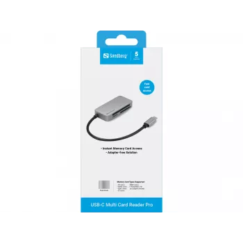 Sandberg USB-C Multi Card Reader Pro, CF, MMC, MicroSD (TransFlash), SD, SDHC, SDXC, xD, zwart, USB 3.2 Gen 1 (3.1 Gen 1) Type-C, 1 stuk, 82 mm, 23 mm