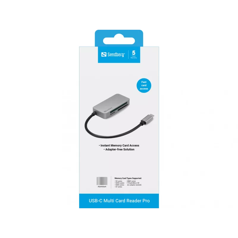 Sandberg USB-C Multi Card Reader Pro, CF, MMC, MicroSD (TransFlash), SD, SDHC, SDXC, xD, zwart, USB 3.2 Gen 1 (3.1 Gen 1) Type-C, 1 stuk, 82 mm, 23 mm