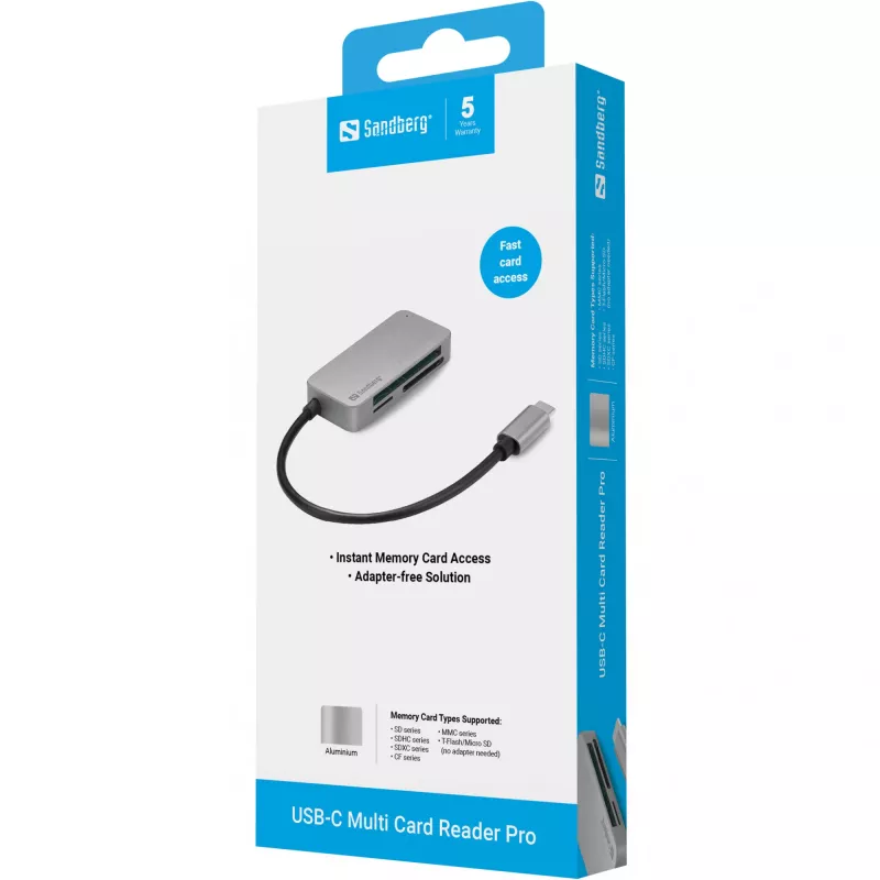 Sandberg USB-C Multi Card Reader Pro, CF, MMC, MicroSD (TransFlash), SD, SDHC, SDXC, xD, zwart, USB 3.2 Gen 1 (3.1 Gen 1) Type-C, 1 stuk, 82 mm, 23 mm