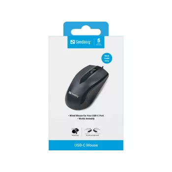 Sandberg USB-C-muis, dubbelhandig, optisch, USB Type-C, 1200 DPI, zwart