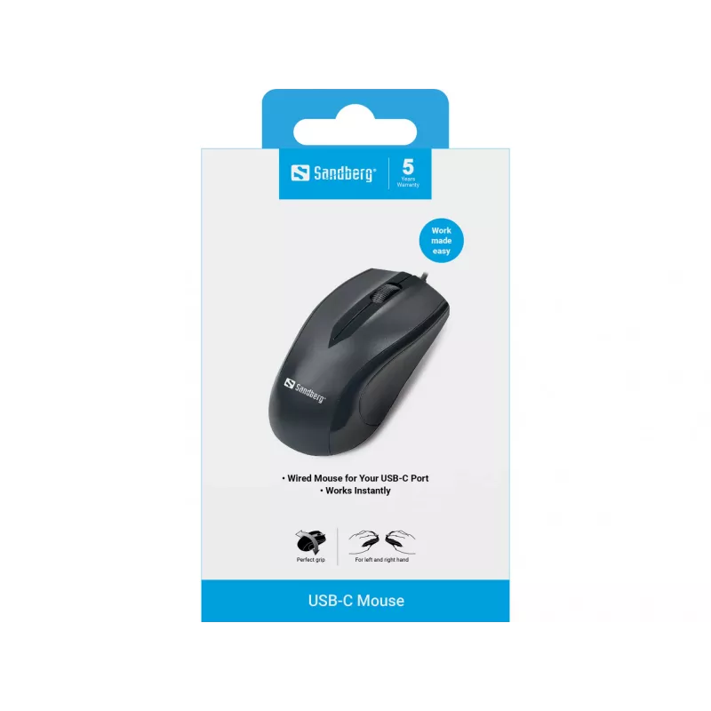 Sandberg USB-C-muis, dubbelhandig, optisch, USB Type-C, 1200 DPI, zwart