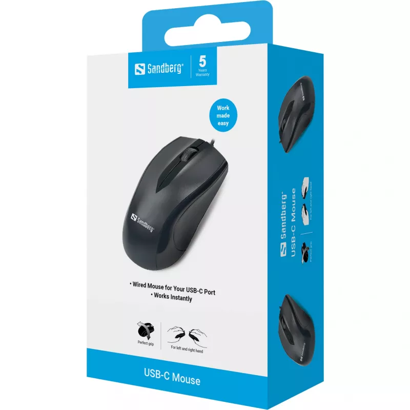 Sandberg USB-C-muis, dubbelhandig, optisch, USB Type-C, 1200 DPI, zwart