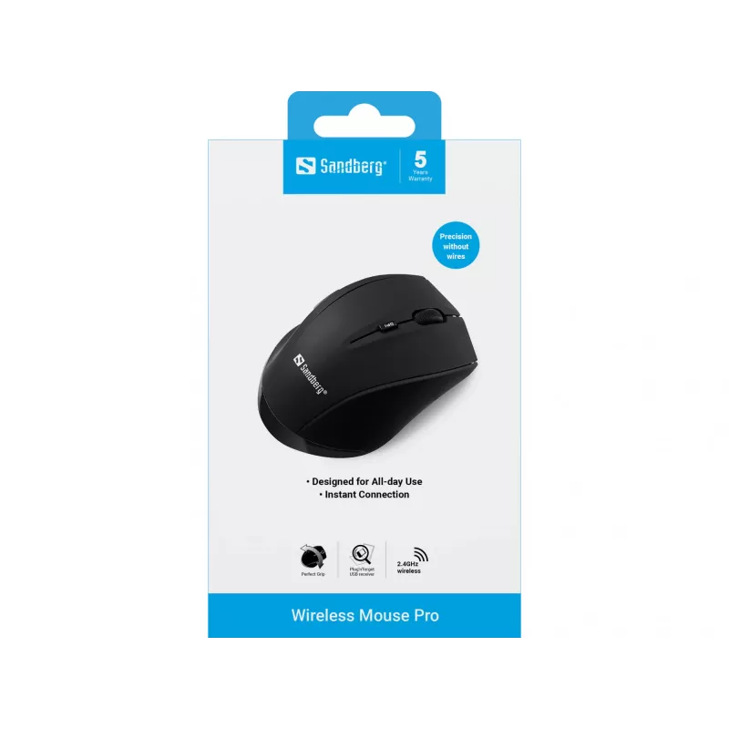 Sandberg draadloze muis Pro, rechtshandig, optisch, RF Wireless, 1600 DPI, zwart