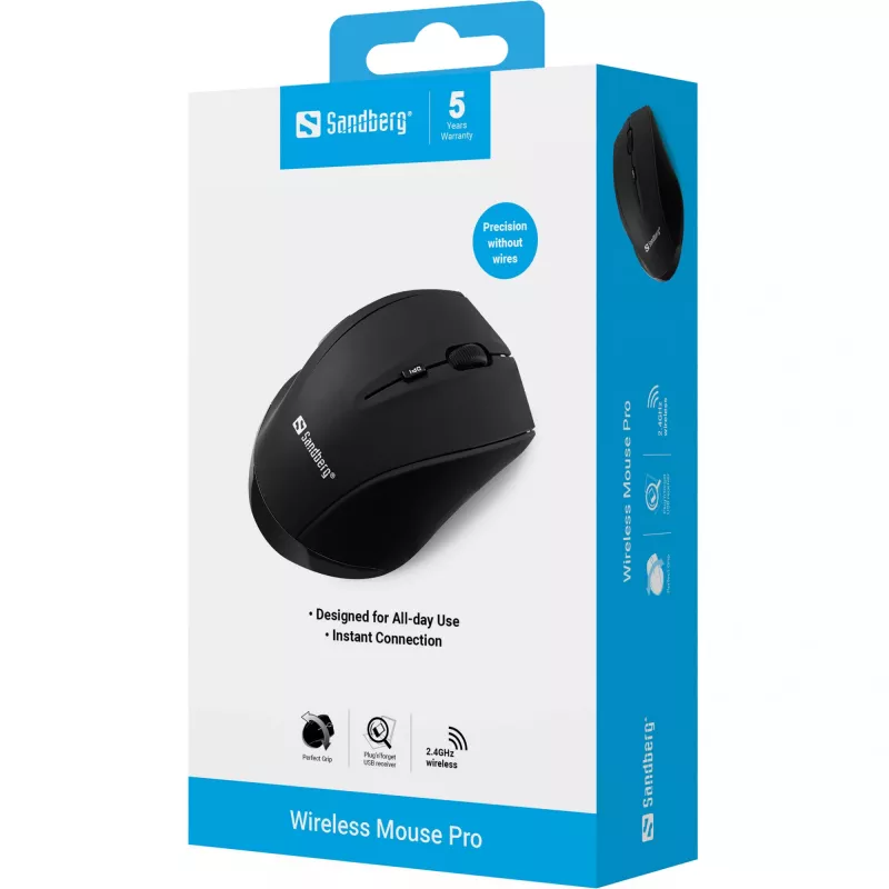 Sandberg draadloze muis Pro, rechtshandig, optisch, RF Wireless, 1600 DPI, zwart