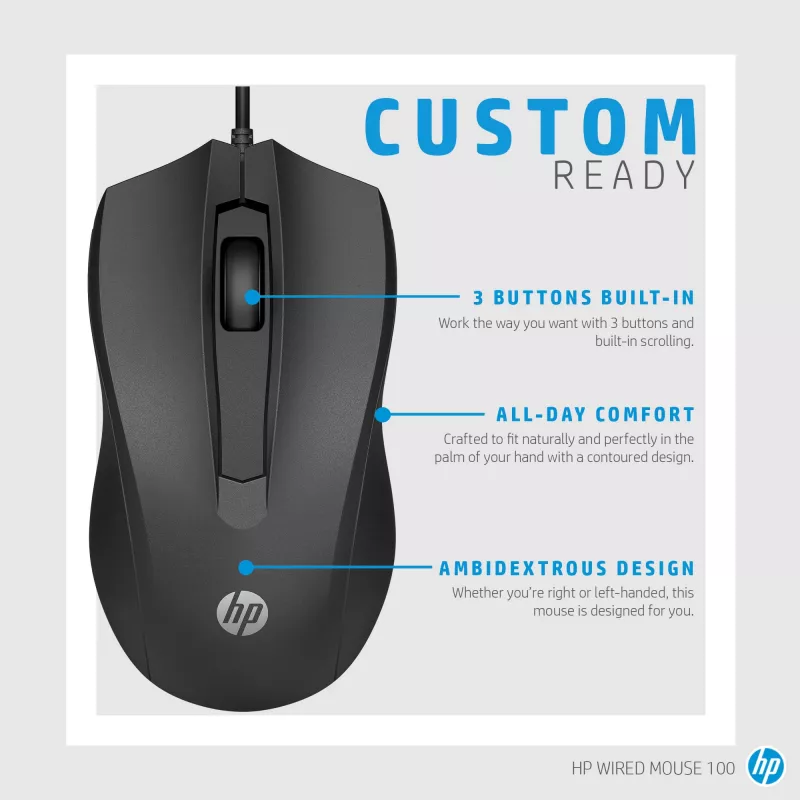 HP bedrade muis 100, dubbelhandig, optisch, USB Type-A, 1600 DPI, zwart