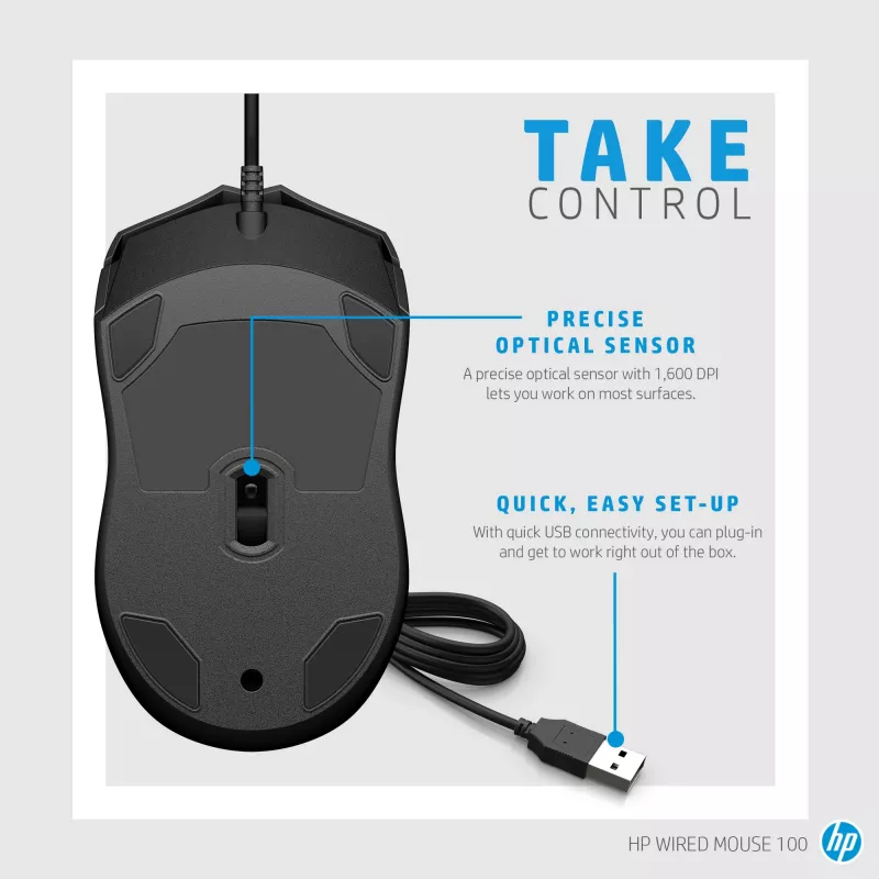 HP bedrade muis 100, dubbelhandig, optisch, USB Type-A, 1600 DPI, zwart