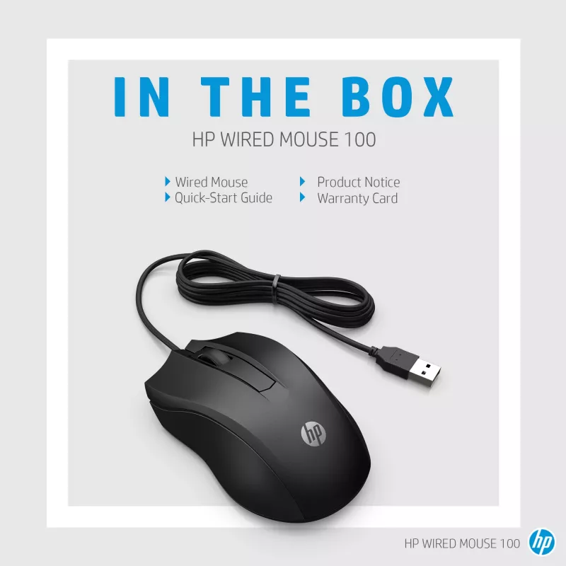 HP bedrade muis 100, dubbelhandig, optisch, USB Type-A, 1600 DPI, zwart