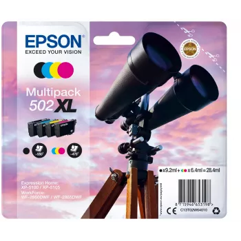 Epson multipack 4 kleuren 502XL inkt, hoge (XL) capaciteit, zwart, cyaan, magenta, geel, pigmentinkt, kleurstofinkt, 9,2 ml, 6,4 ml