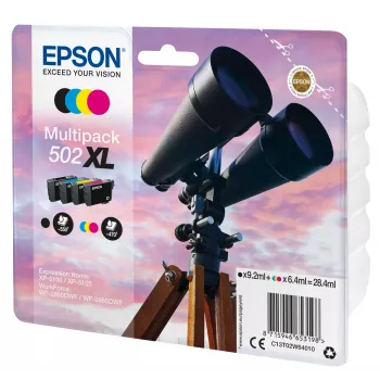 Epson multipack 4 kleuren 502XL inkt, hoge (XL) capaciteit, zwart, cyaan, magenta, geel, pigmentinkt, kleurstofinkt, 9,2 ml, 6,4 ml