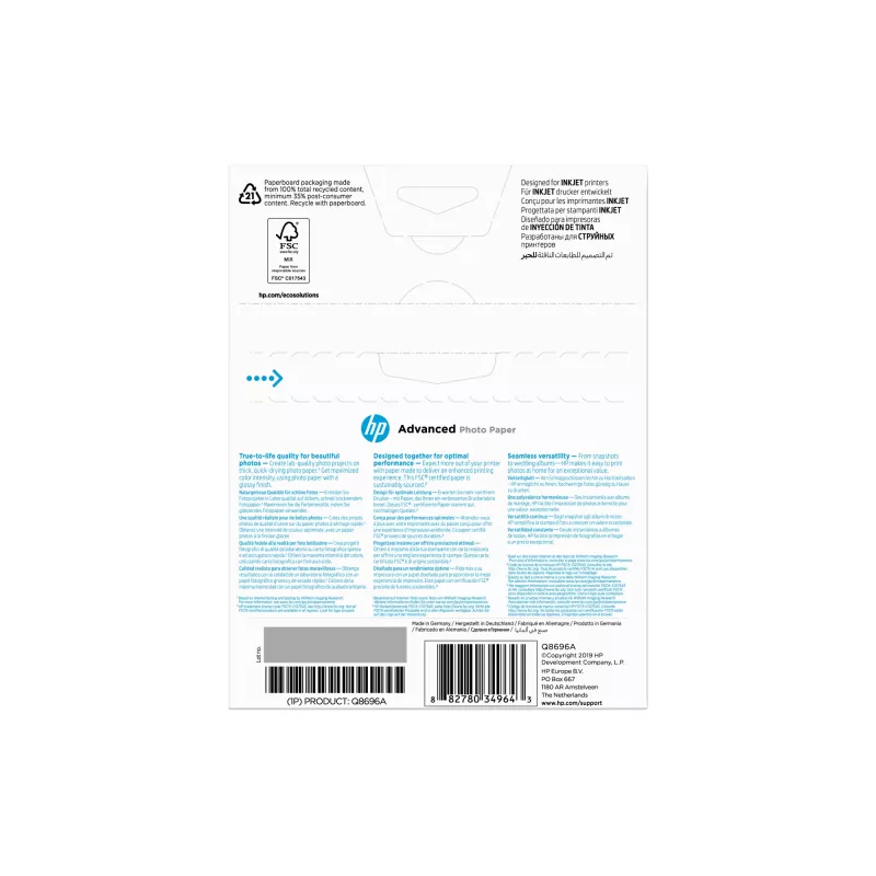 HP Q8696A Advanced Glossy fotopapier randloos, glanzend, 250 g/m², 13 x 18 cm (130 x 180 mm), 25 vellen