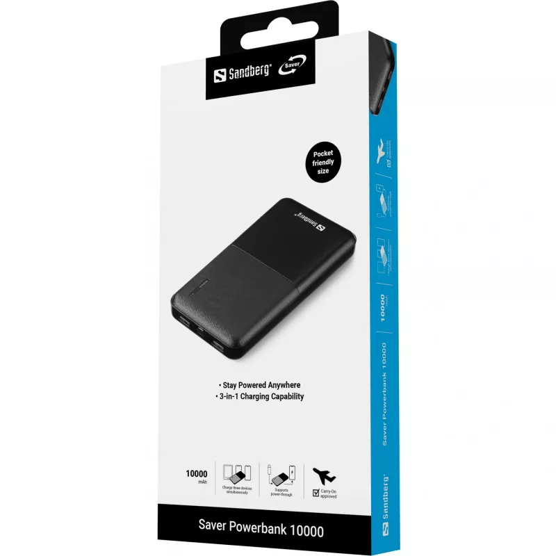 Sandberg Saver Powerbank 10000, 10000 mAh, Lithium-Polymer (LiPo), zwart