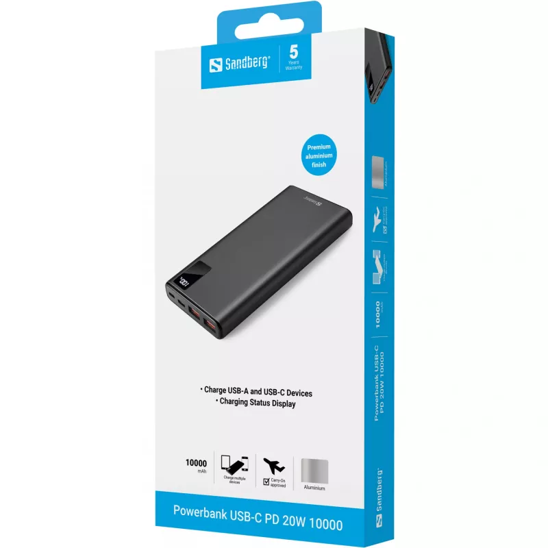 Draagbare batterij Sandberg Powerbank USB-C PD 20W 10000, 10000 mAh