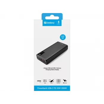 Draagbare batterij Sandberg Powerbank USB-C PD 20W 20000, 20000 mAh