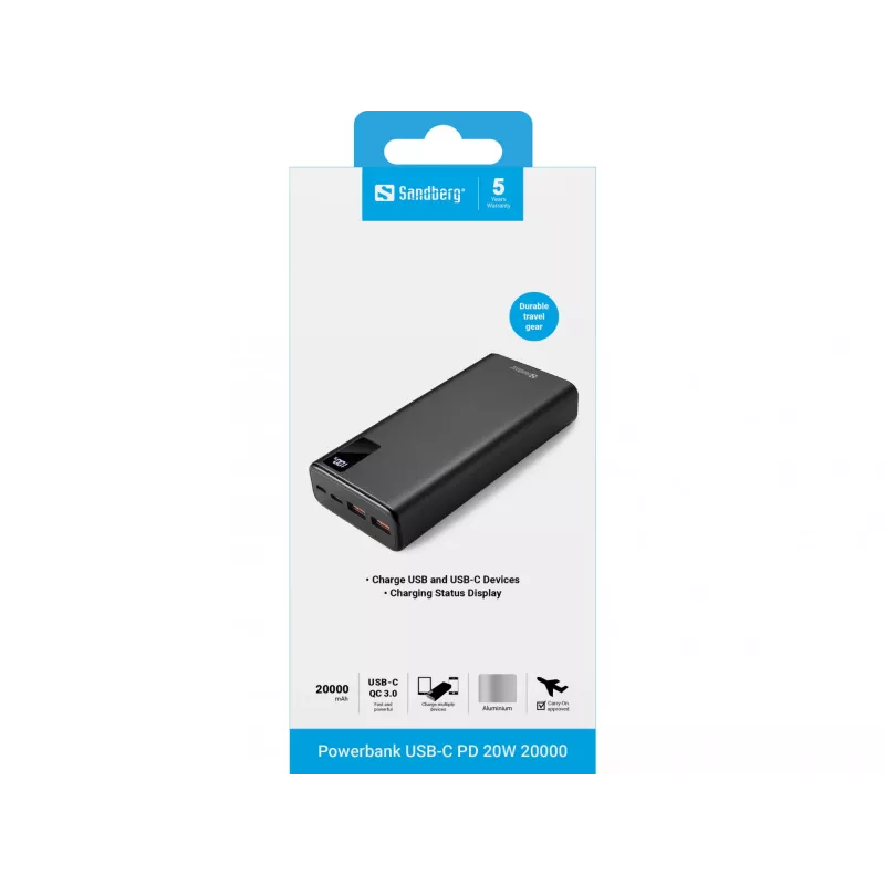 Draagbare batterij Sandberg Powerbank USB-C PD 20W 20000, 20000 mAh