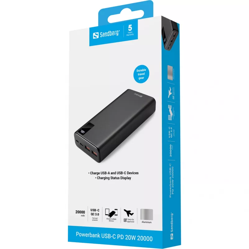 Draagbare batterij Sandberg Powerbank USB-C PD 20W 20000, 20000 mAh
