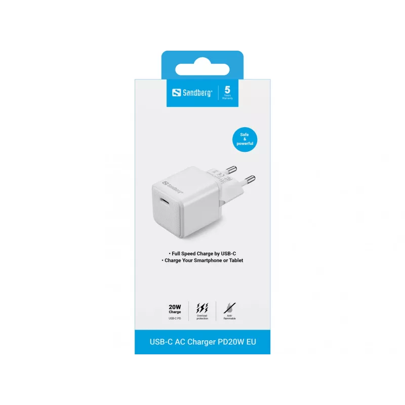 Sandberg USB-C AC-oplader PD20W EU, binnen, AC, 5 V, 3 A, wit
