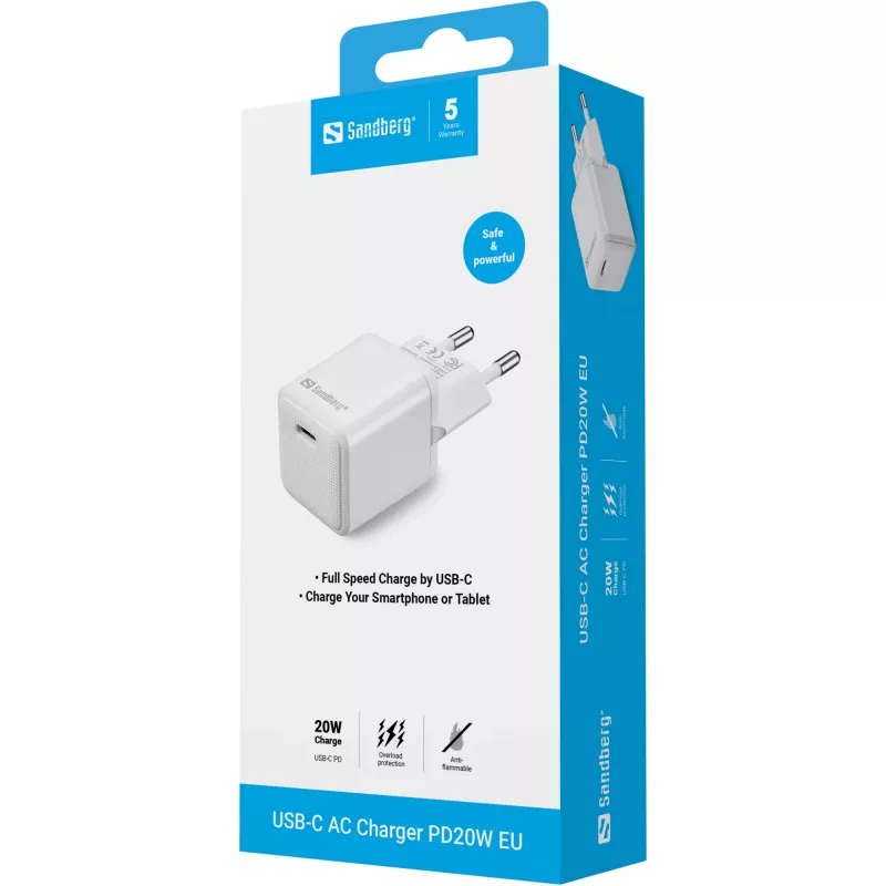 Sandberg USB-C AC-oplader PD20W EU, binnen, AC, 5 V, 3 A, wit