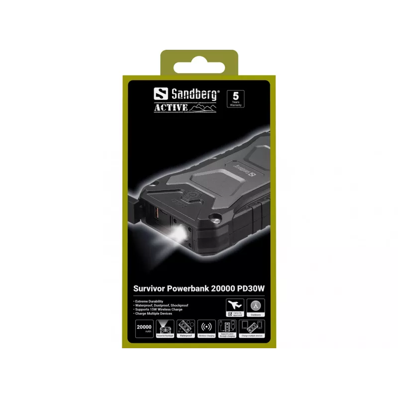 Sandberg Survivor Powerbank 20000 PD30W, 20000 mAh, draadloos laden, zwart