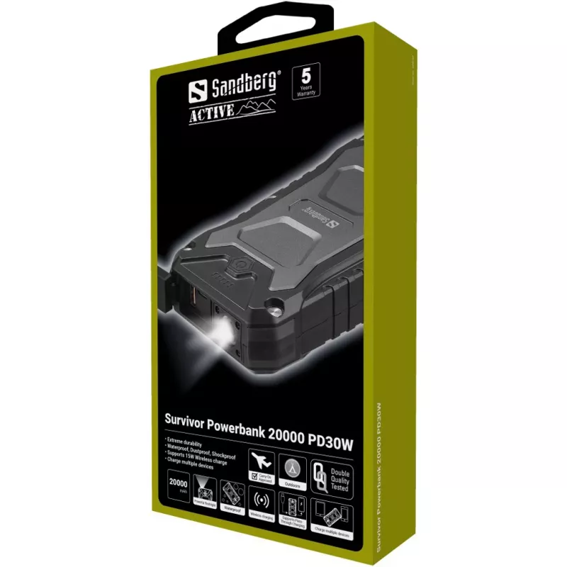 Sandberg Survivor Powerbank 20000 PD30W, 20000 mAh, draadloos laden, zwart