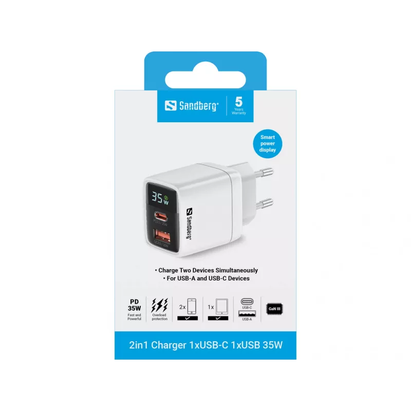 Oplader Sandberg 2in1 1xUSB-C 1xUSB 35W Indoor AC Universeel