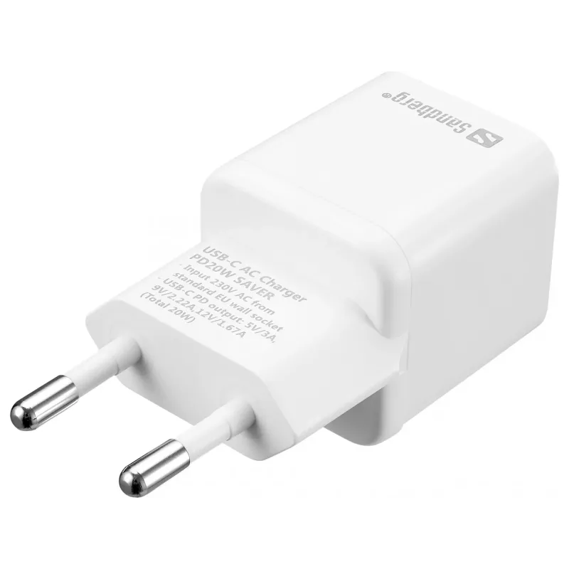 Sandberg USB-C AC-oplader PD20W SAVER, binnen, AC, 12 V, 3 A, wit