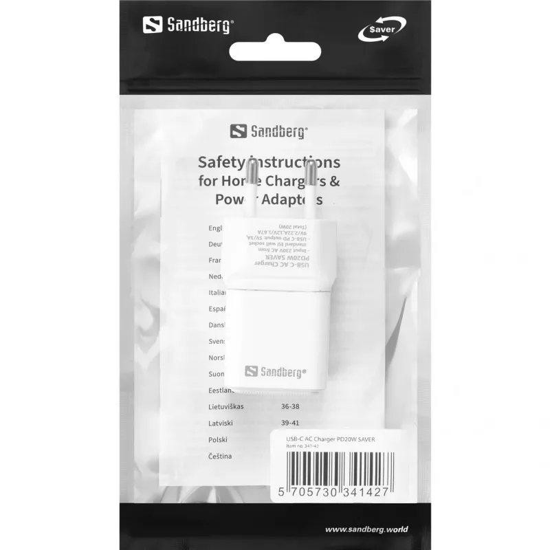 Sandberg USB-C AC-oplader PD20W SAVER, binnen, AC, 12 V, 3 A, wit