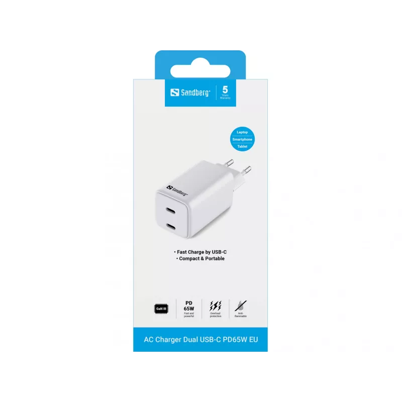 Sandberg AC-oplader Dual USB-C PD65W EU, binnen, AC, 20 V, 3,25 A, wit