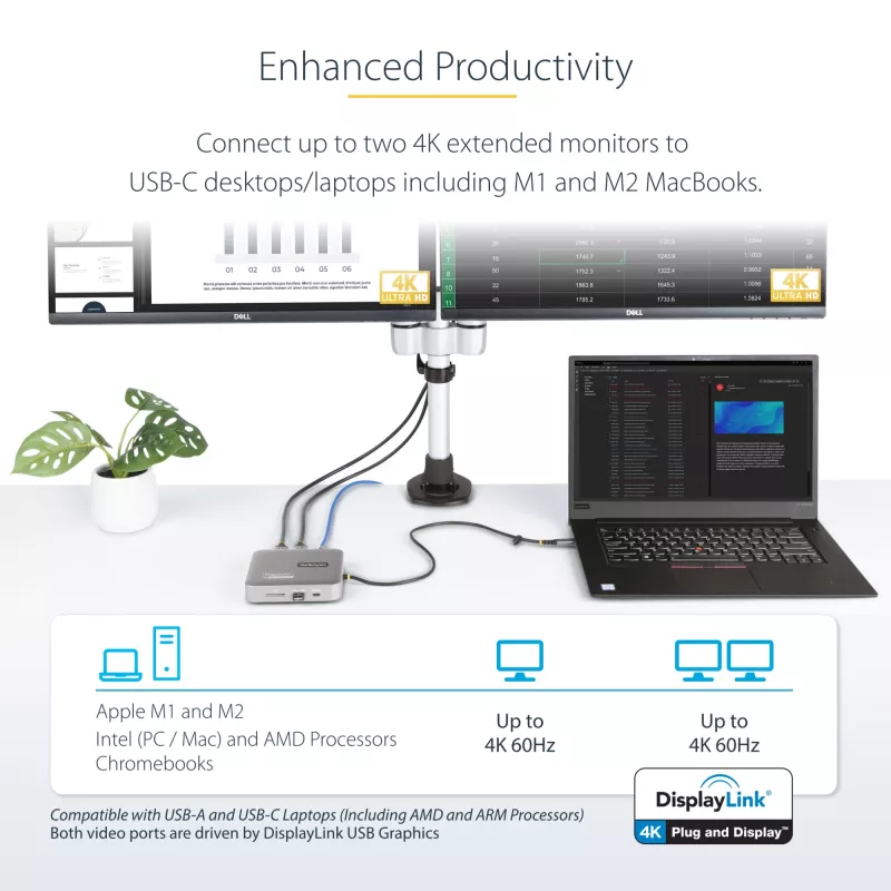 StarTech.com USB-C-dockingstation, dual 4K 60Hz HDMI, compatibel met Macbook Pro (M1/M2/M3/M4) en Windows, USB-A/USB-C 10Gbps-hub, 100W Power Delivery, GbE, SD, 56cm kabel