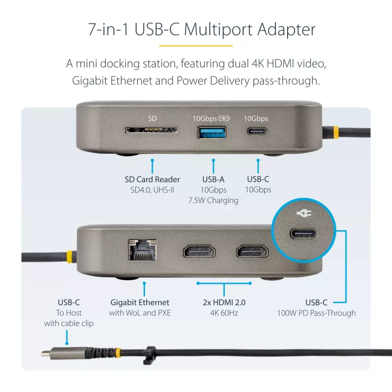 StarTech.com USB-C-dockingstation, dual 4K 60Hz HDMI, compatibel met Macbook Pro (M1/M2/M3/M4) en Windows, USB-A/USB-C 10Gbps-hub, 100W Power Delivery, GbE, SD, 56cm kabel