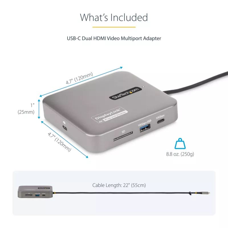 StarTech.com USB-C-dockingstation, dual 4K 60Hz HDMI, compatibel met Macbook Pro (M1/M2/M3/M4) en Windows, USB-A/USB-C 10Gbps-hub, 100W Power Delivery, GbE, SD, 56cm kabel