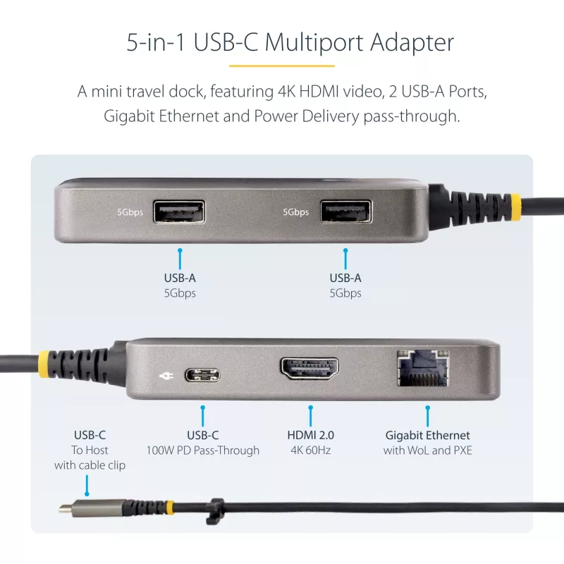 StarTech.com USB-C-multipoort-adapter – 4K 60Hz HDMI – HDR – 2-poorts 5Gbps USB 3.0-hub – 100W Power Delivery Pass-Through – GbE – Works with Chromebook gecertificeerd – Windows/macOS