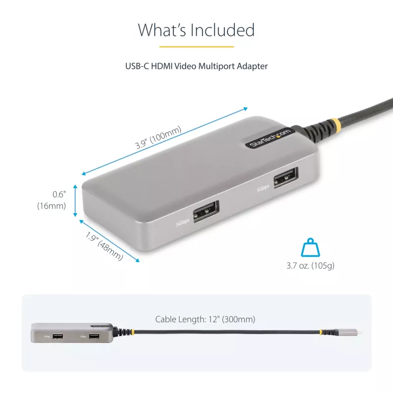 StarTech.com USB-C-multipoort-adapter – 4K 60Hz HDMI – HDR – 2-poorts 5Gbps USB 3.0-hub – 100W Power Delivery Pass-Through – GbE – Works with Chromebook gecertificeerd – Windows/macOS