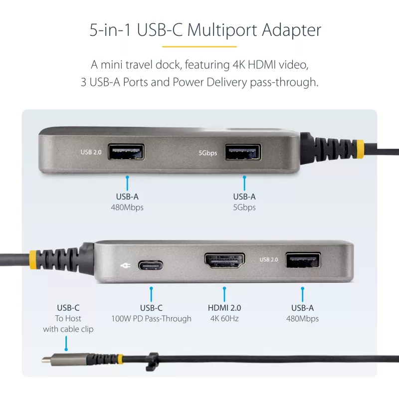StarTech.com USB-C-multipoort-adapter - 4K 60Hz HDMI met HDR - 3-poorts USB-hub - 100W Power Delivery doorvoer - Works With Chromebook gecertificeerd - Windows/macOS/iPadOS/Android™