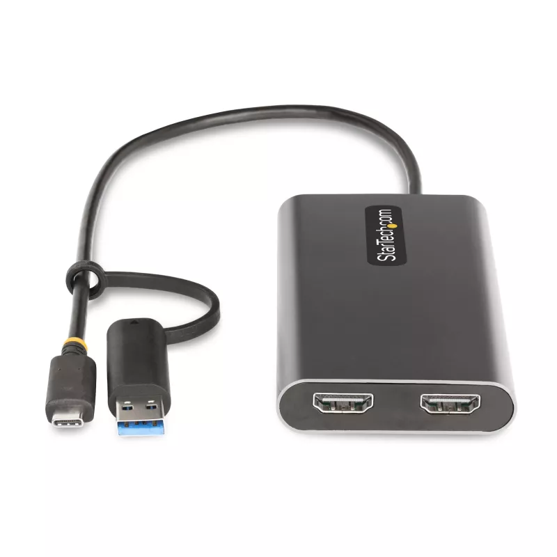 StarTech.com USB-C naar dual-HDMI-adapter – USB-C of A naar 2x HDMI – 4K 60Hz – 100W Power Delivery pass-through – 30 cm (1ft) geïntegreerde kabel – USB-naar-HDMI multi-monitor-converter voor laptop – TAA