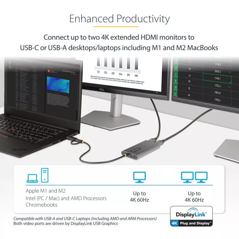 StarTech.com USB-C naar dual-HDMI-adapter – USB-C of A naar 2x HDMI – 4K 60Hz – 100W Power Delivery pass-through – 30 cm (1ft) geïntegreerde kabel – USB-naar-HDMI multi-monitor-converter voor laptop – TAA