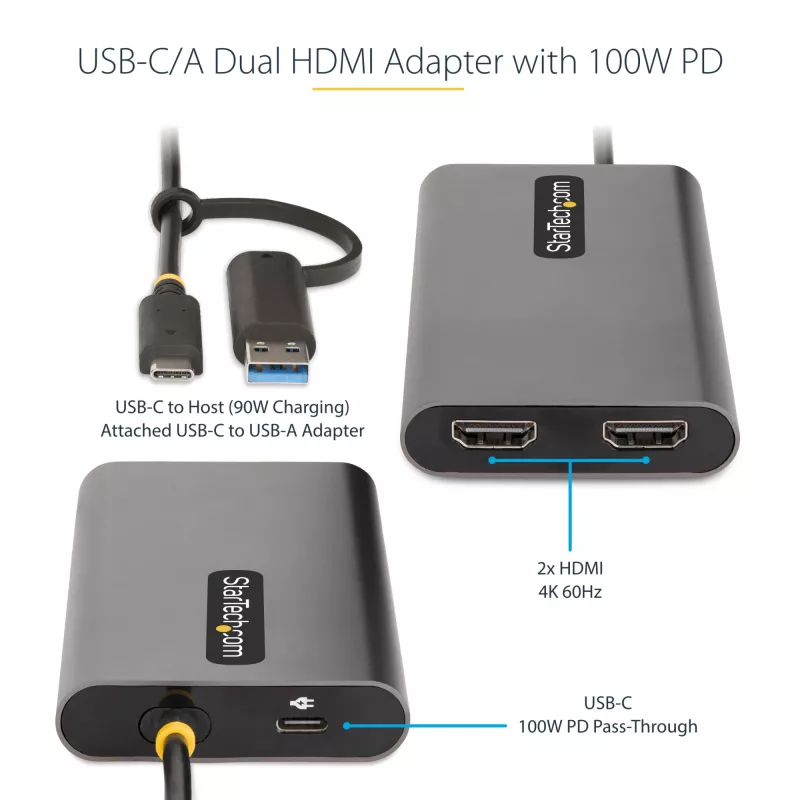 StarTech.com USB-C naar dual-HDMI-adapter – USB-C of A naar 2x HDMI – 4K 60Hz – 100W Power Delivery pass-through – 30 cm (1ft) geïntegreerde kabel – USB-naar-HDMI multi-monitor-converter voor laptop – TAA