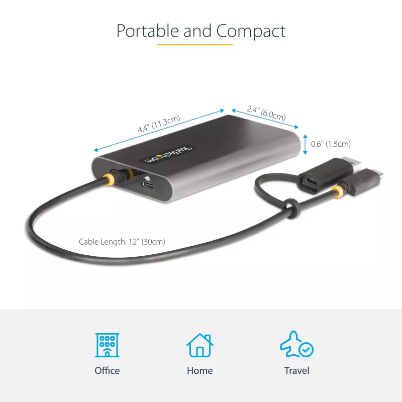 StarTech.com USB-C naar dual-HDMI-adapter – USB-C of A naar 2x HDMI – 4K 60Hz – 100W Power Delivery pass-through – 30 cm (1ft) geïntegreerde kabel – USB-naar-HDMI multi-monitor-converter voor laptop – TAA