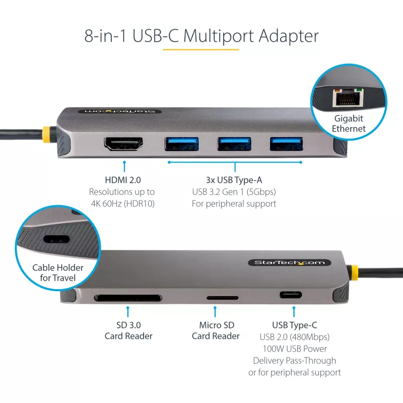 StarTech.com USB-C-multipoort-adapter – 4K 60Hz HDMI-video, 3-poorts 5Gbit/s USB-A-hub, 100W USB Power Delivery doorvoer/GbE/SD/MicroSD, 30cm kabel, draagbare laptop-dockingstation