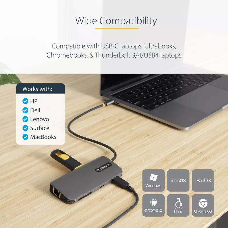 StarTech.com USB-C-multipoort-adapter – 4K 60Hz HDMI-video, 3-poorts 5Gbit/s USB-A-hub, 100W USB Power Delivery doorvoer/GbE/SD/MicroSD, 30cm kabel, draagbare laptop-dockingstation