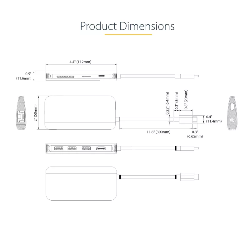 StarTech.com USB-C-multipoort-adapter – 4K 60Hz HDMI-video, 3-poorts 5Gbit/s USB-A-hub, 100W USB Power Delivery doorvoer/GbE/SD/MicroSD, 30cm kabel, draagbare laptop-dockingstation