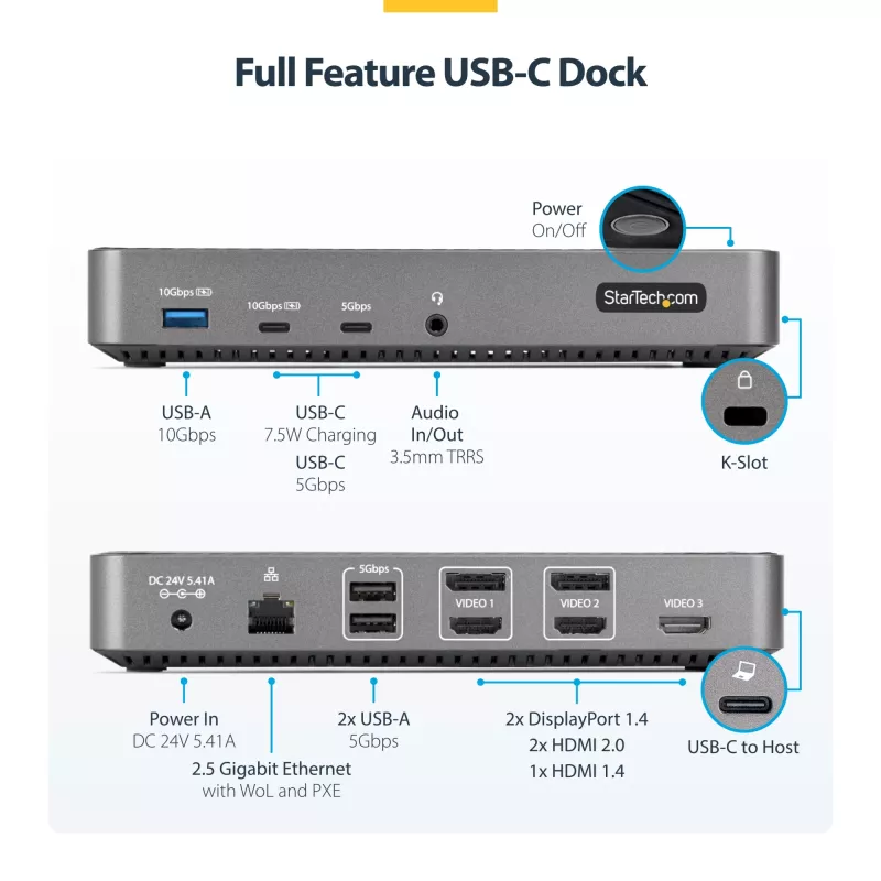 StarTech.com USB-C triple monitor dockingstation - HDMI/DP triple 4k USB-C dock - 5x USB-hub - GbE - 100W PD - universele multi monitor dockingstation - Thunderbolt 3/4 compatibel